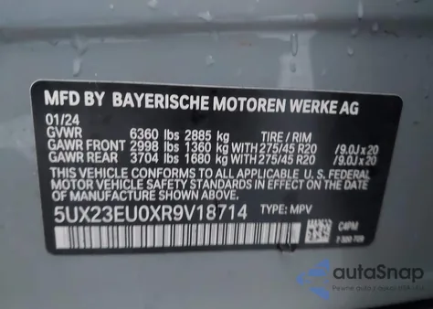 2024 BMW X5 xDrive40I z USA, uszkodzony, nr VIN 5UX23EU0XR9V18714